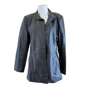 Anthony’s women’s black leather jacket M motorcycle biker 90s trench coat button